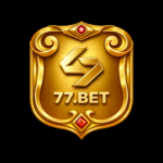 77Bet App ka golden shield logo, gold border ke saath, black aur gold theme me premium gaming brand design