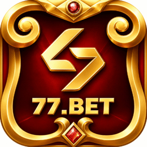 Ornate gold-framed red logo with a central stylized gold symbol and the text “77.BET” in metallic lettering.